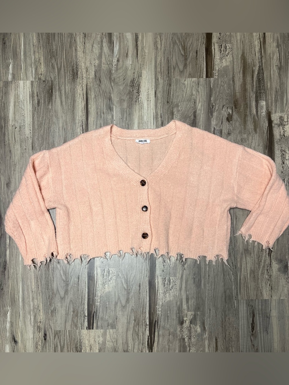 Double Zero Distressed Frayed Hem Cropped Cardigan Sweater Peach Pink Small